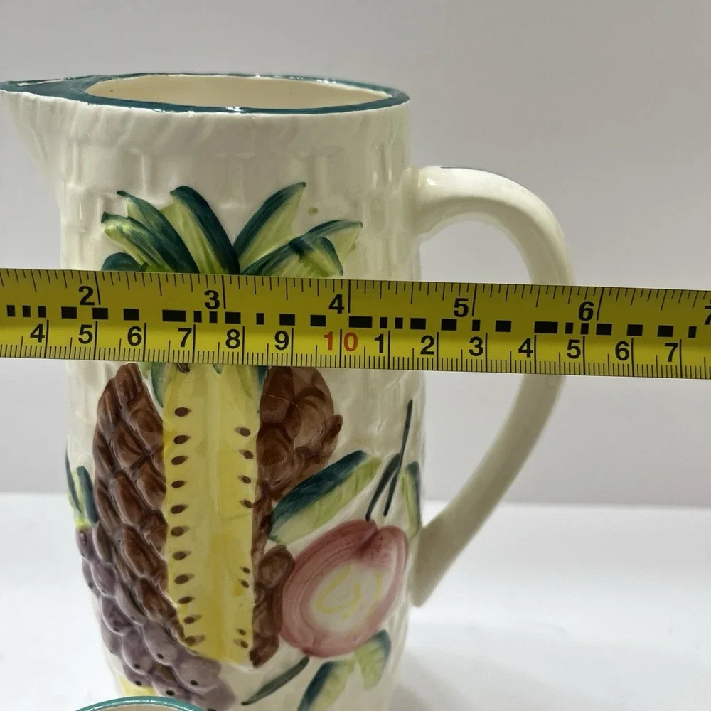 Vintage Hand-Painted Ceramic Picture Basket Weave Tropical Fruit 5 Tumblers
